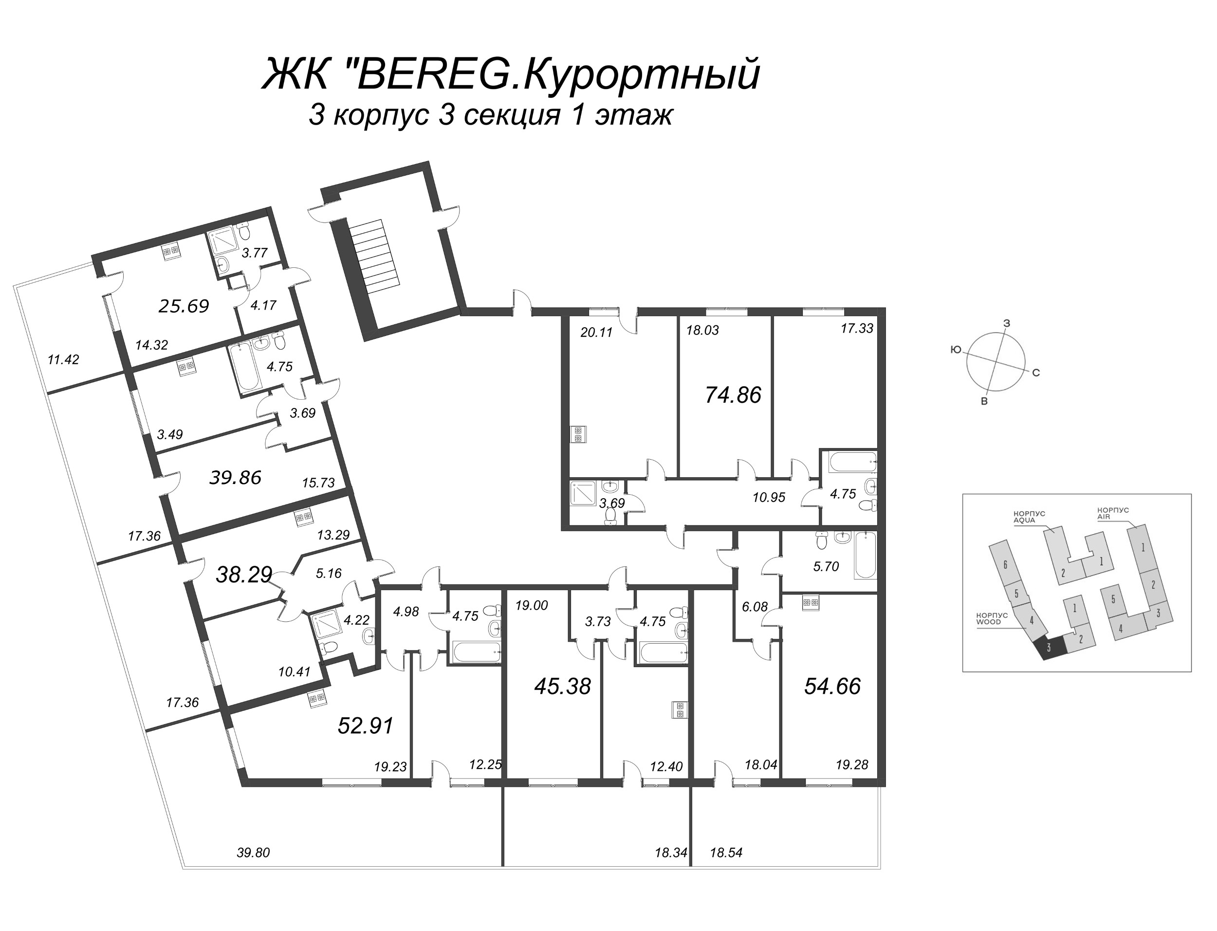 3-комнатная (Евро) квартира, 74.86 м² - планировка этажа