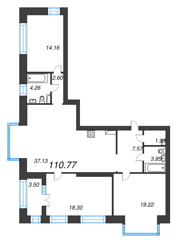 4-комнатная (Евро) квартира, 110.77 м² в ЖК "Наука" - планировка, фото №1