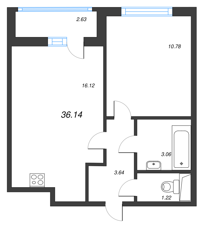 2-комнатная (Евро) квартира, 36.14 м² в ЖК "AEROCITY" - планировка, фото №1