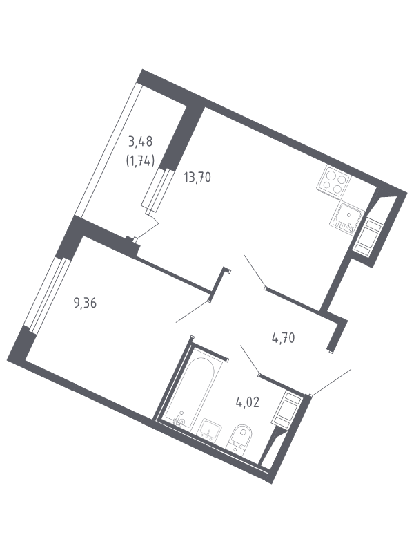 1-комнатная квартира, 33.52 м² - планировка, фото №1
