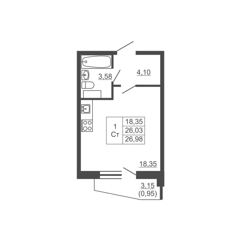 Квартира-студия, 26.98 м² в ЖК "Тандем" - планировка, фото №1