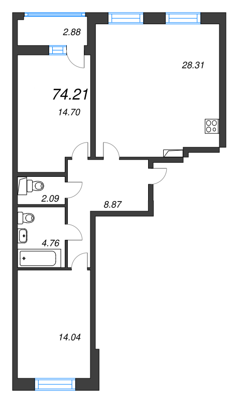 3-комнатная (Евро) квартира, 74.21 м² - планировка, фото №1