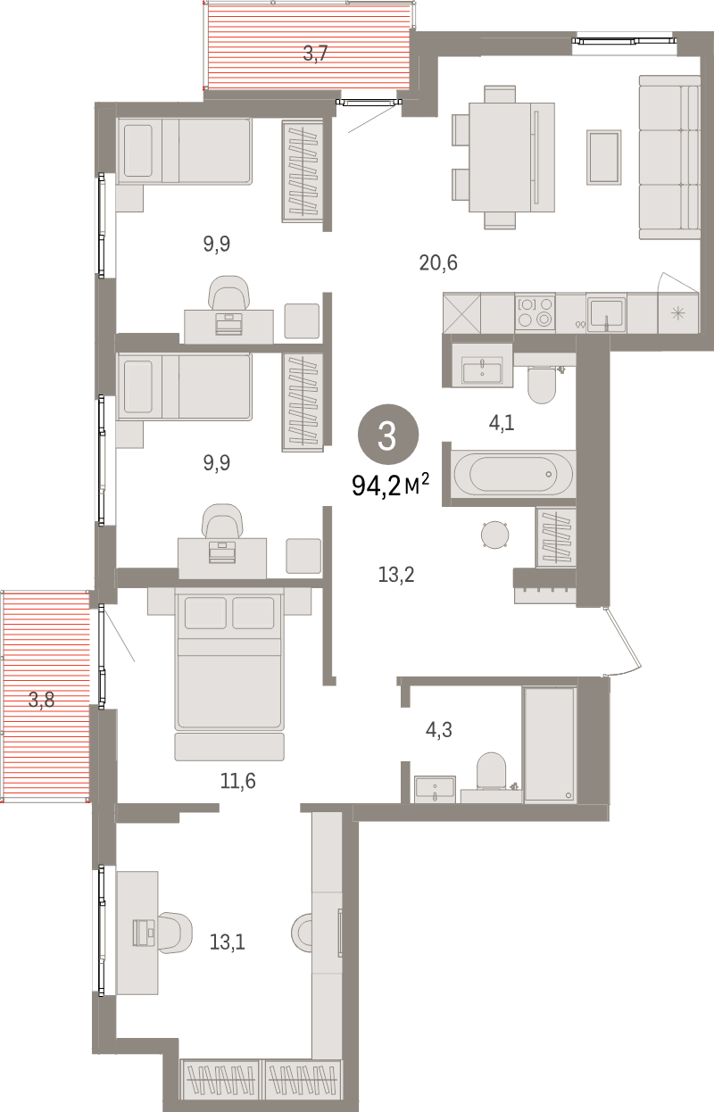 4-комнатная (Евро) квартира, 94.2 м² в ЖК "Брусника в Новоселье" - планировка, фото №1