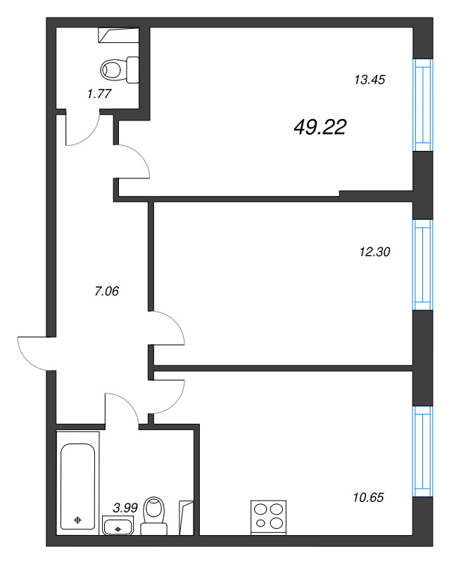2-комнатная квартира, 49.22 м² - планировка, фото №1