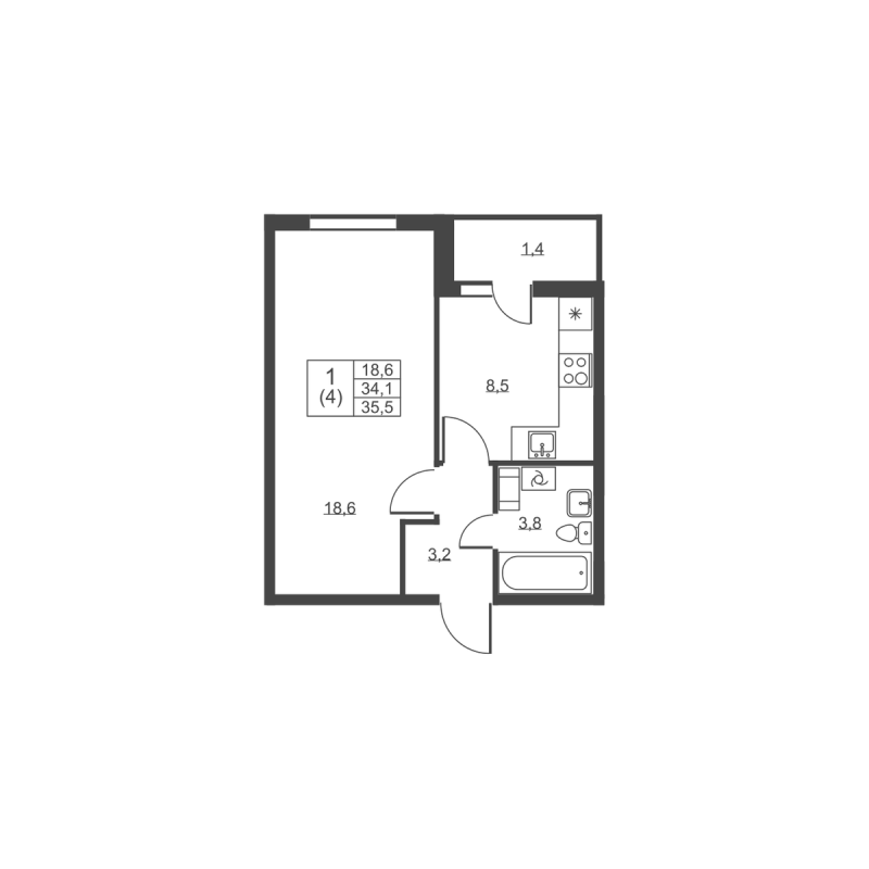 1-комнатная квартира, 35.5 м² в ЖК "Ермак" - планировка, фото №1