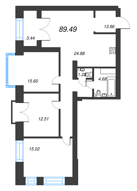3-комнатная квартира, 89.49 м² - планировка, фото №1