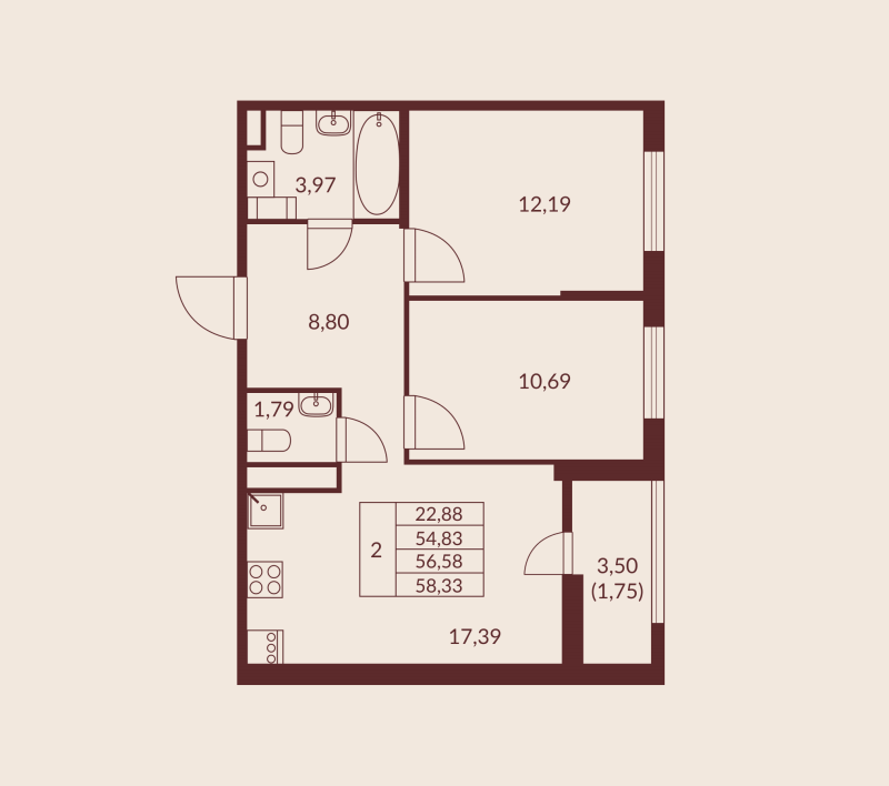 3-комнатная (Евро) квартира, 56.58 м² в ЖК "Амурино" - планировка, фото №1