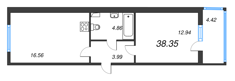 2-комнатная (Евро) квартира, 38.35 м² в ЖК "Любоград" - планировка, фото №1