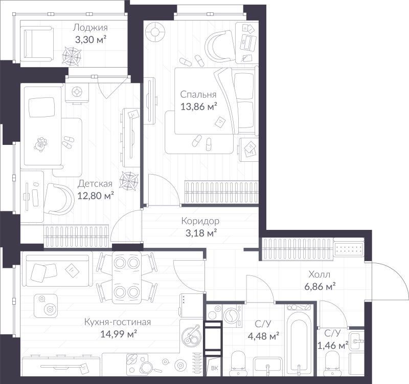 3-комнатная (Евро) квартира, 59.28 м² - планировка, фото №1