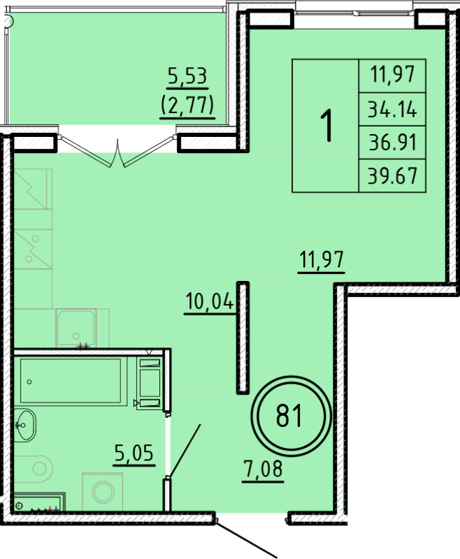 1-комнатная квартира, 34.14 м² в ЖК "Образцовый квартал 16" - планировка, фото №1