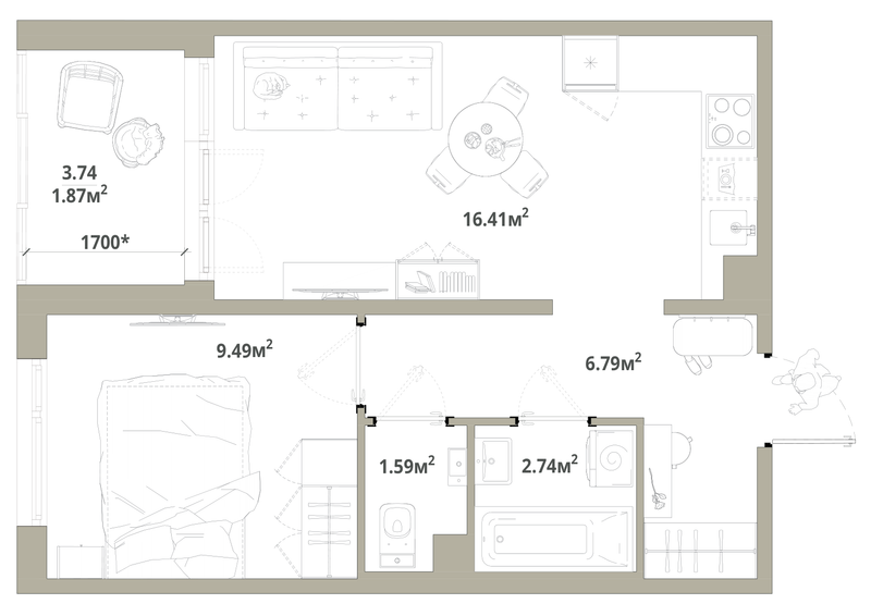 2-комнатная (Евро) квартира, 38.89 м² в ЖК "Тишин" - планировка, фото №1