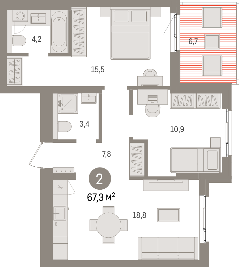 3-комнатная (Евро) квартира, 67.3 м² в ЖК "Брусника в Новоселье" - планировка, фото №1