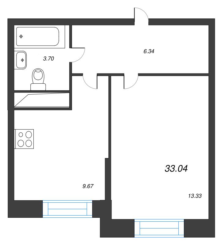 1-комнатная квартира, 33.04 м² - планировка, фото №1