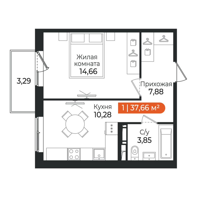 1-комнатная квартира, 37.66 м² в ЖК "Алгоритм Квинта" - планировка, фото №1
