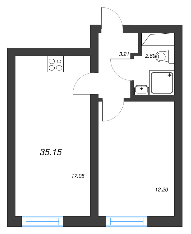 2-комнатная (Евро) квартира, 35.15 м² в ЖК "Морская миля" - планировка, фото №1
