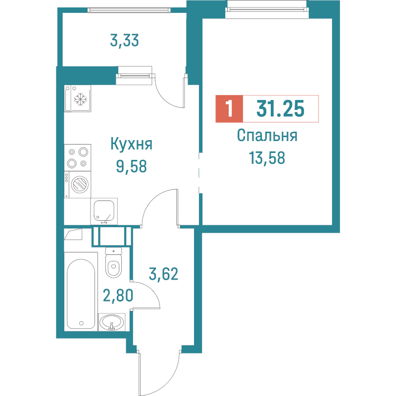 1-комнатная квартира, 31.25 м² в ЖК "Графика" - планировка, фото №1