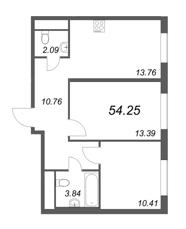 2-комнатная квартира, 54.25 м² - планировка, фото №1