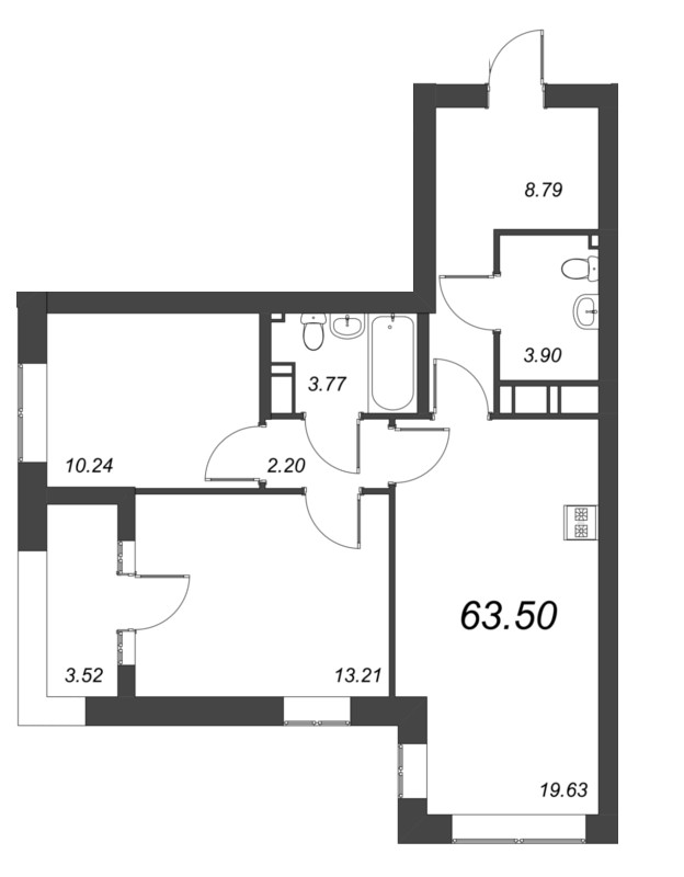 3-комнатная (Евро) квартира, 64.6 м² - планировка, фото №1
