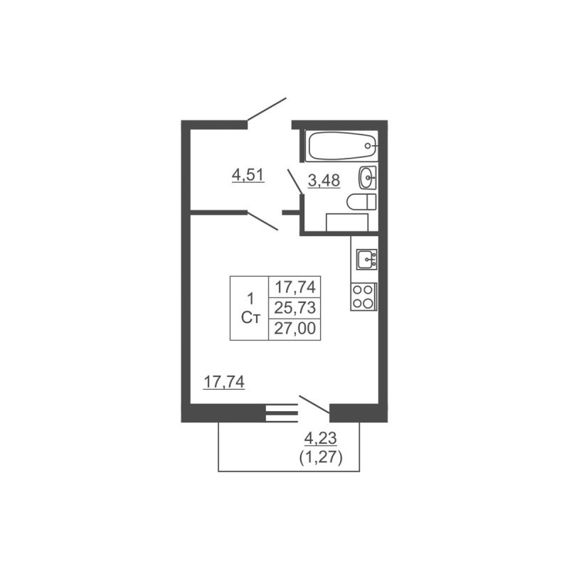 Квартира-студия, 27 м² в ЖК "Тандем" - планировка, фото №1