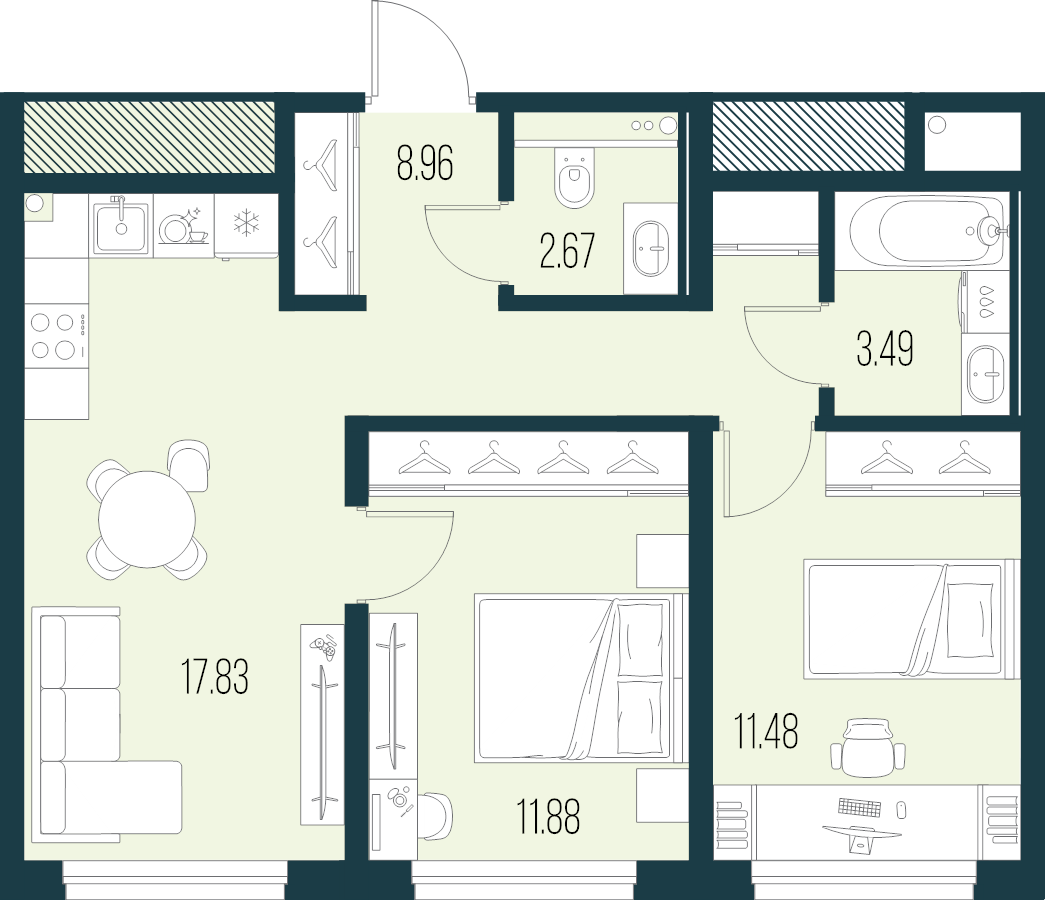 3-комнатная (Евро) квартира, 56.31 м² в ЖК "Новая Земля" - планировка, фото №1