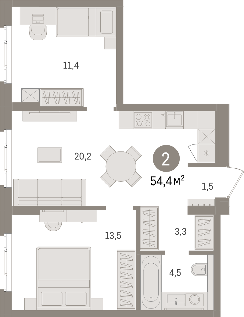 3-комнатная (Евро) квартира, 54.4 м² в ЖК "Брусника в Новоселье" - планировка, фото №1