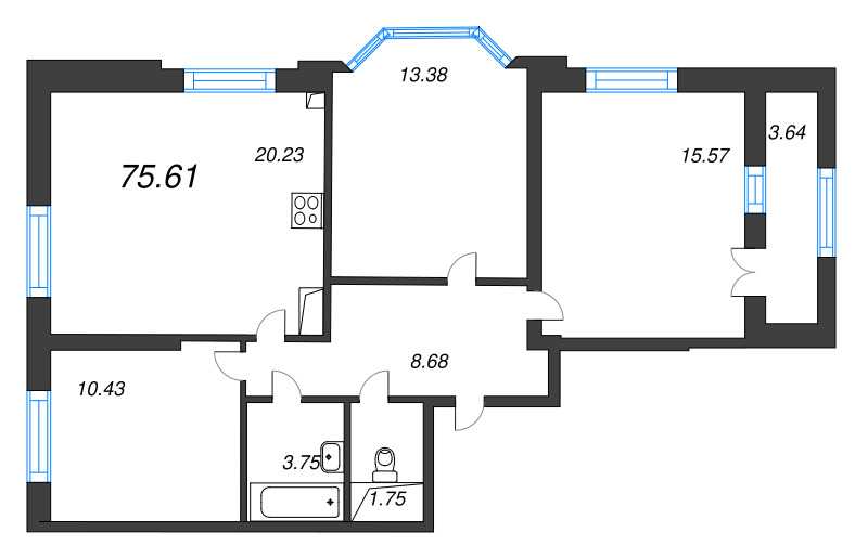 4-комнатная (Евро) квартира, 75.61 м² в ЖК "Цивилизация на неве" - планировка, фото №1