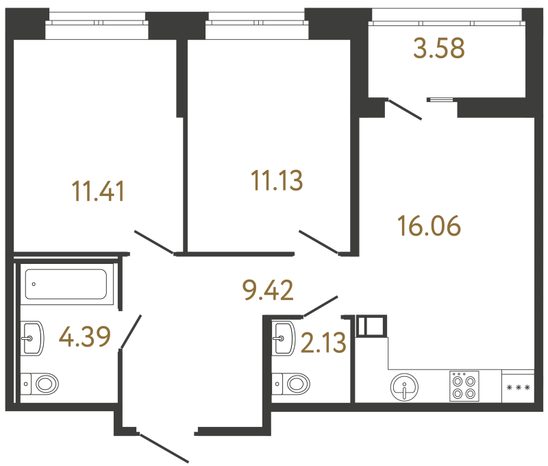 3-комнатная (Евро) квартира, 54.54 м² в ЖК "Ultra City 3.0" - планировка, фото №1