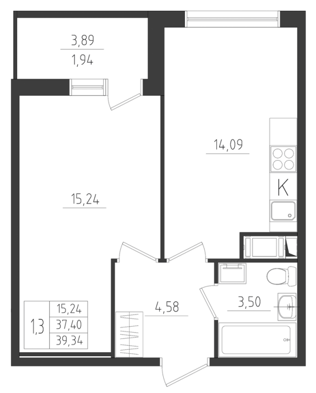 1-комнатная квартира, 39.35 м² в ЖК "Новикола" - планировка, фото №1