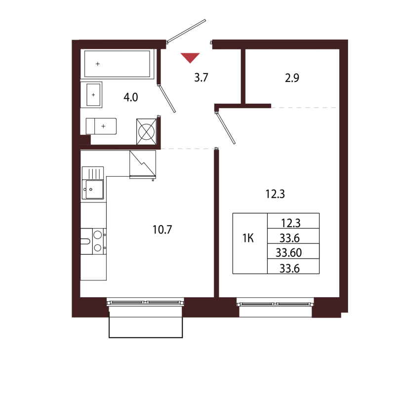 1-комнатная квартира, 33.6 м² в ЖК "Лисино" - планировка, фото №1