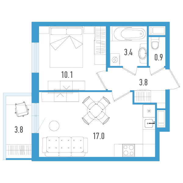 2-комнатная (Евро) квартира, 36.3 м² в ЖК "Аэросити" - планировка, фото №1