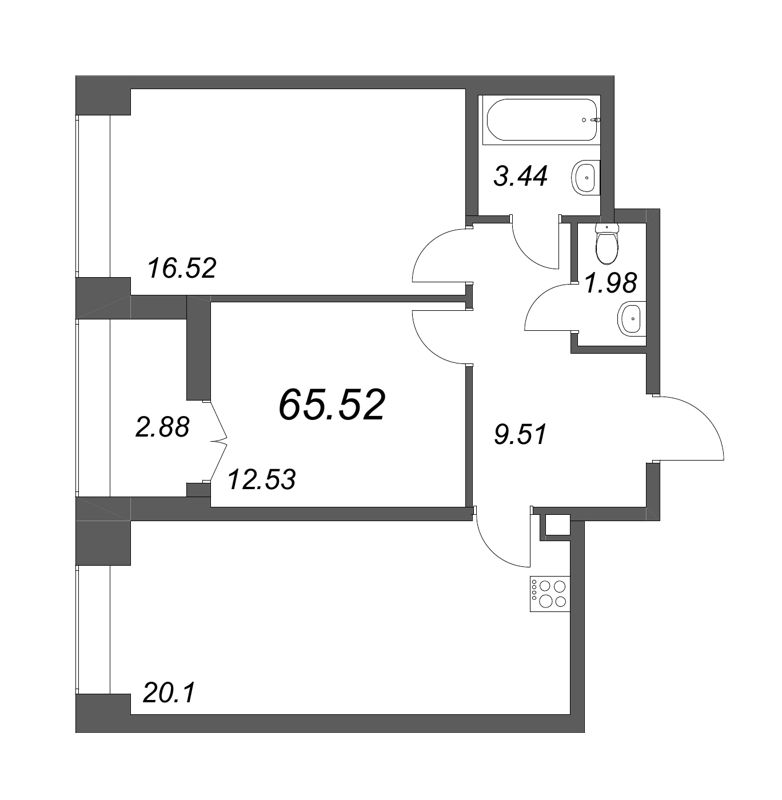 2-комнатная (Евро) квартира, 65.52 м² - планировка, фото №1