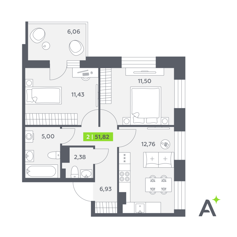 2-комнатная квартира, 51.82 м² в ЖК "Аквилон РекаПарк" - планировка, фото №1
