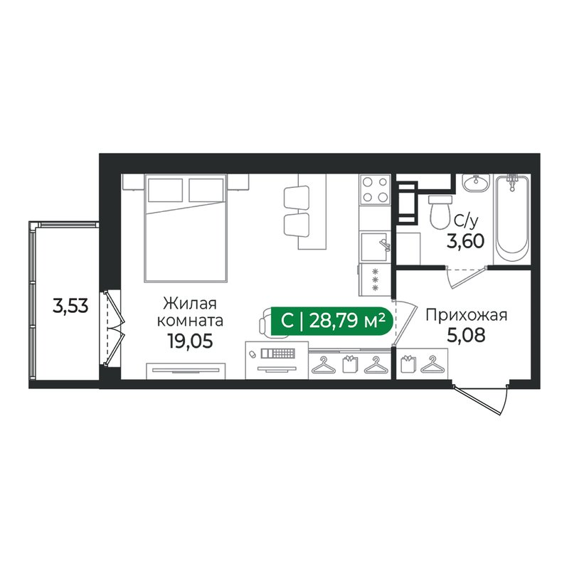 Квартира-студия, 28.79 м² в ЖК "Сертолово Парк" - планировка, фото №1
