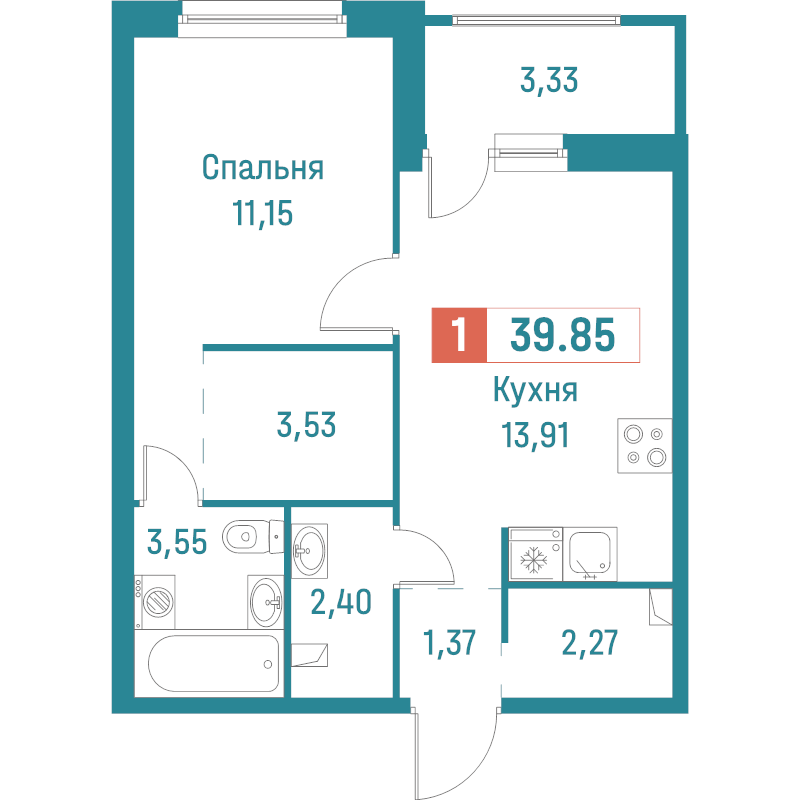 1-комнатная квартира, 39.85 м² в ЖК "Графика" - планировка, фото №1
