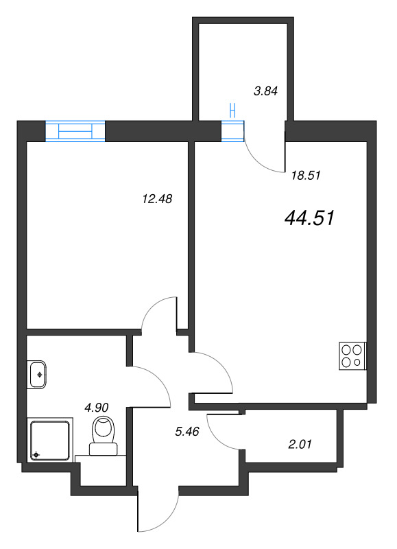 2-комнатная (Евро) квартира, 44.51 м² в ЖК "Рощино Residence" - планировка, фото №1