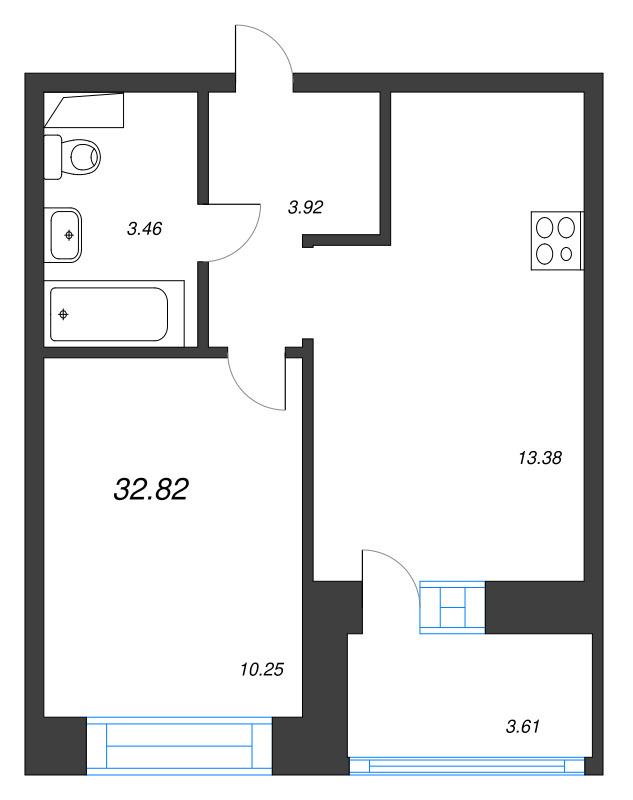 1-комнатная квартира, 32.82 м² в ЖК "Уютный" - планировка, фото №1