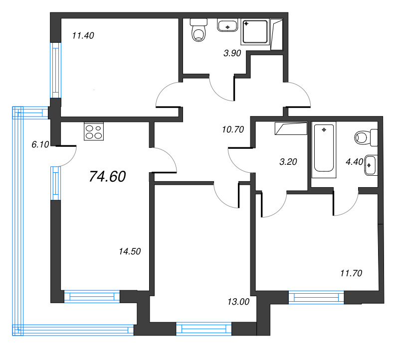 3-комнатная квартира, 74.6 м² в ЖК "Парусная 1" - планировка, фото №1