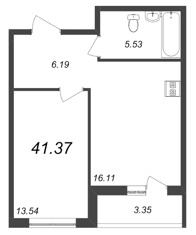2-комнатная (Евро) квартира, 37.15 м² - планировка, фото №1