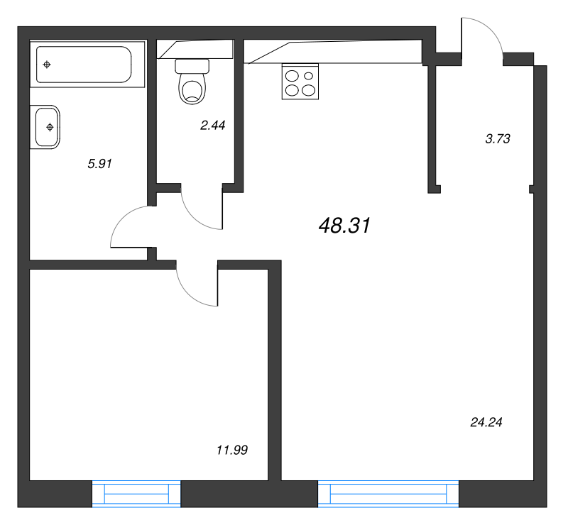 2-комнатная (Евро) квартира, 48.31 м² - планировка, фото №1