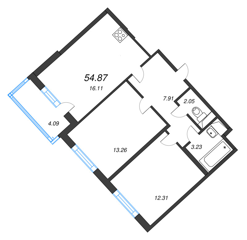 3-комнатная (Евро) квартира, 54.87 м² в ЖК "ЮгТаун" - планировка, фото №1