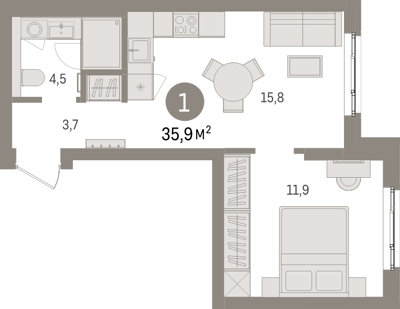 2-комнатная (Евро) квартира, 35.9 м² - планировка, фото №1