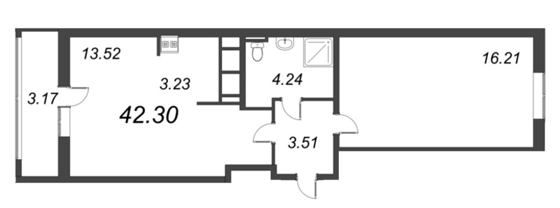 2-комнатная (Евро) квартира, 42.3 м² - планировка, фото №1