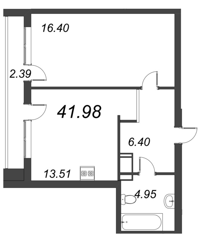 1-комнатная квартира, 41.98 м² - планировка, фото №1