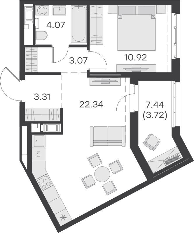 2-комнатная (Евро) квартира, 47.43 м² - планировка, фото №1