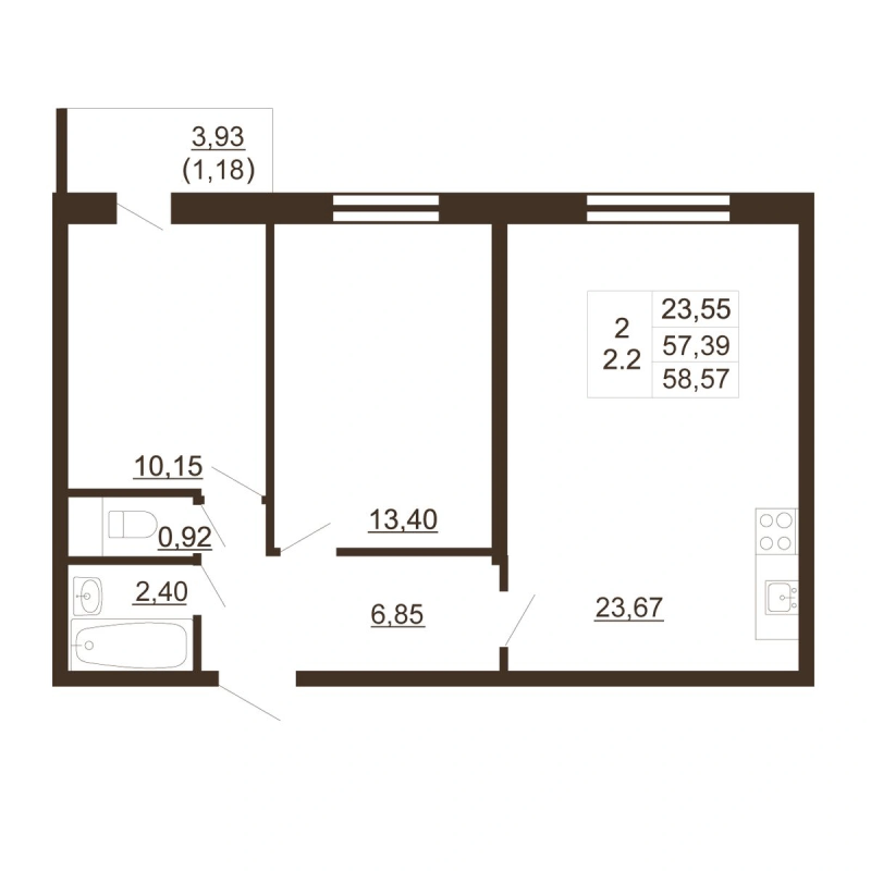 3-комнатная (Евро) квартира, 58.57 м² в ЖК "Тандем" - планировка, фото №1