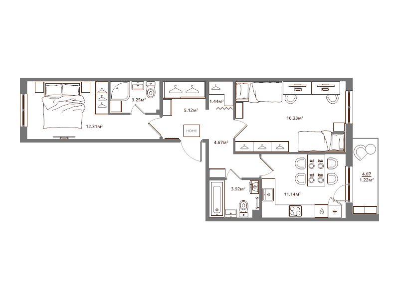 2-комнатная квартира, 59.4 м² в ЖК "ЛесArt" - планировка, фото №1