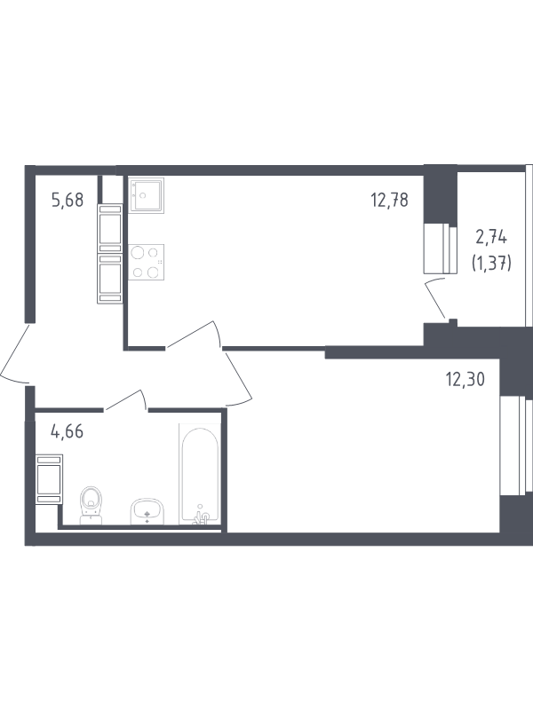 1-комнатная квартира, 36.79 м² в ЖК "Живи! В Рыбацком" - планировка, фото №1