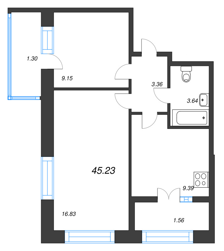 2-комнатная квартира, 45.23 м² в ЖК "Капральский берег" - планировка, фото №1