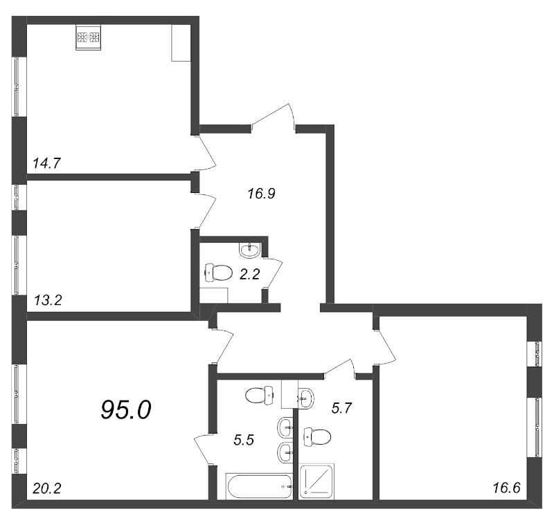 3-комнатная квартира, 95 м² - планировка, фото №1