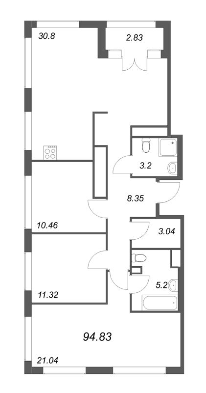 4-комнатная (Евро) квартира, 94.83 м² - планировка, фото №1